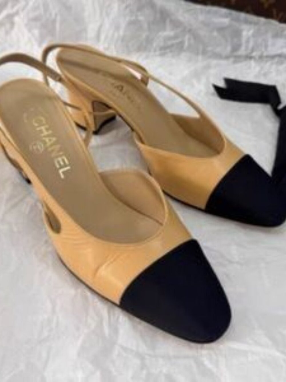 CHANEL Beige and Black Two-Tone Slingback Heels